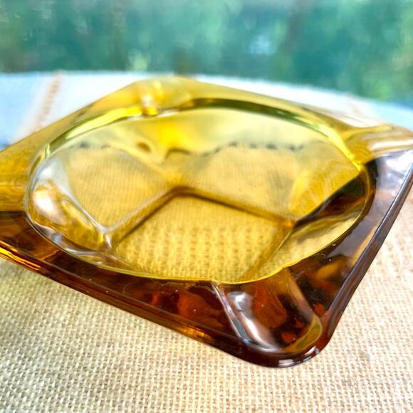 Vintage Amber Cut Glass Ashtray – 4.75” Square Mid-Century Modern - Picture 9 of 14